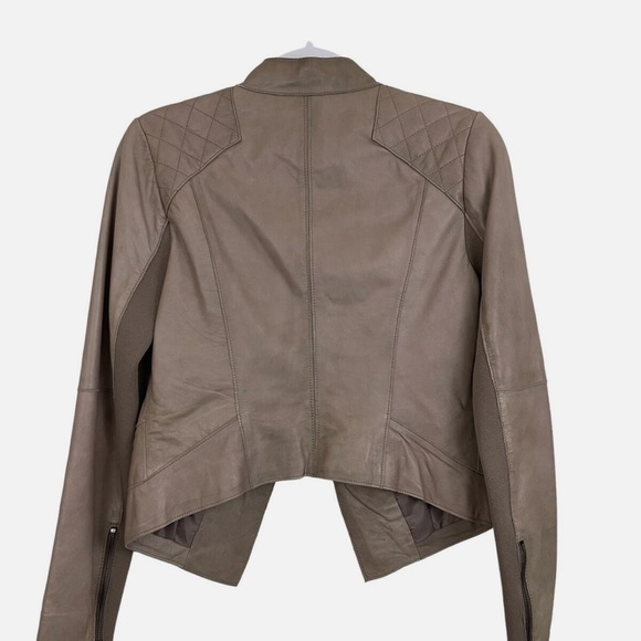 Halogen Leather Crop Jacket -Small Taupe Tan Moto Quilted Knit Stretch Sleeves - Picture 3 of 6